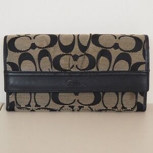 Coach Tri-Fold Wallet Women's Black Signature Canvas Leather Trim Snap Closure